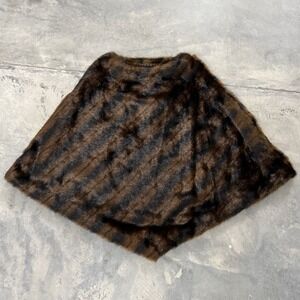 Curations Brown Striped Faux Fur Poncho Cape Wrap Brown Black Luxe Outerwear